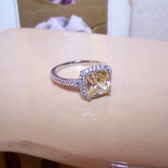 Sterling Silver Pale Yellow and Clear Cubic Zirconia CZ Engagement Ring - Size 6 - Picture 5 of 7